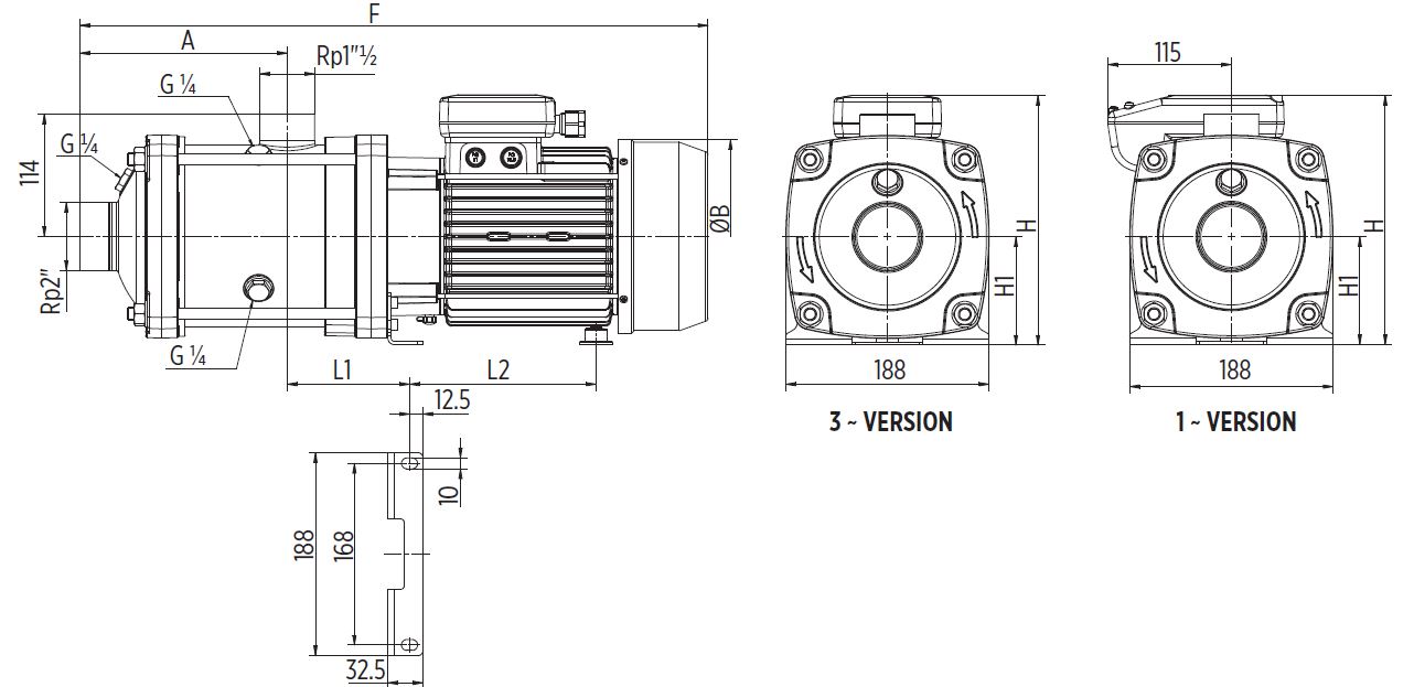 EH20 Horizontal multistage pump Dimensions